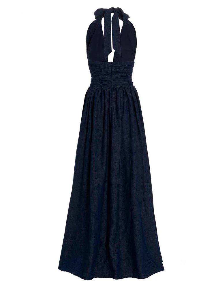 Rochas Halterneck Ruched Denim Maxi Dress