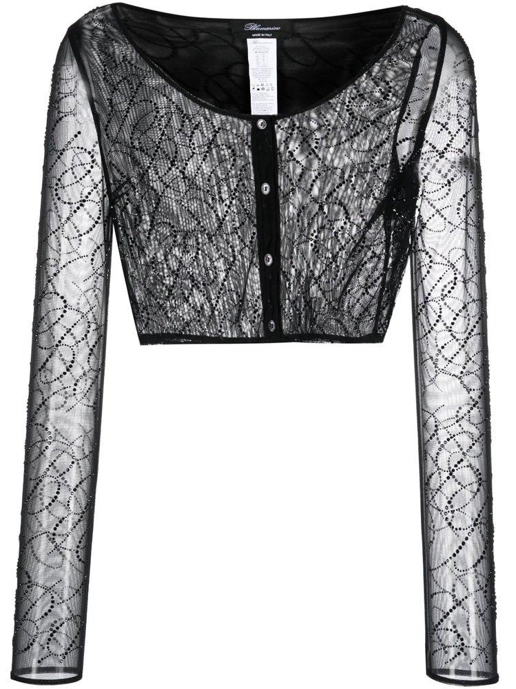 Blumarine Logo Embellished Semi-Sheer Cropped Top