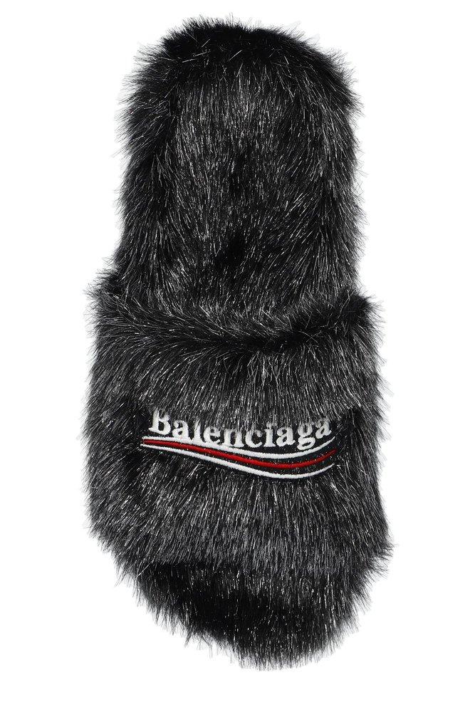 Balenciaga Logo Embroidered Faux Fur Slides