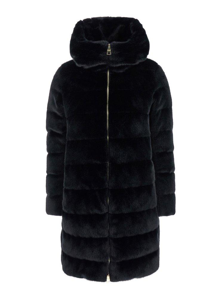 Black Hooded Down Jacket With Zip Closure In Eco Fur Woman