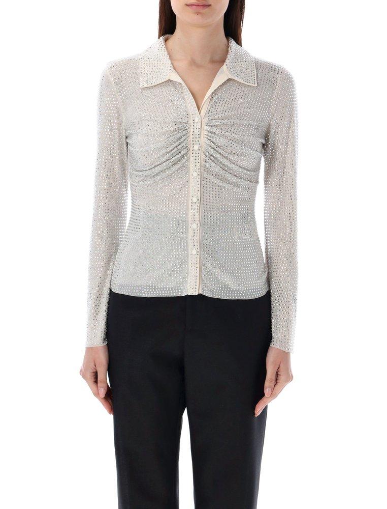 Self-Portrait Gathered Embellished Mesh Shirt