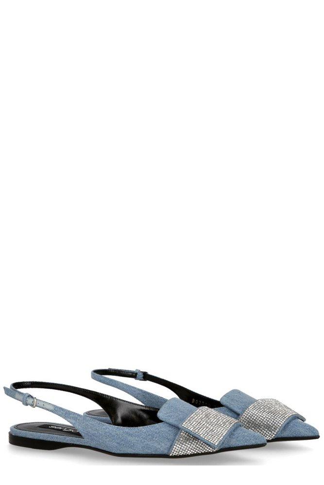 Sergio Rossi Pointed-Toe Embellished Slingback Denim Ballerinas