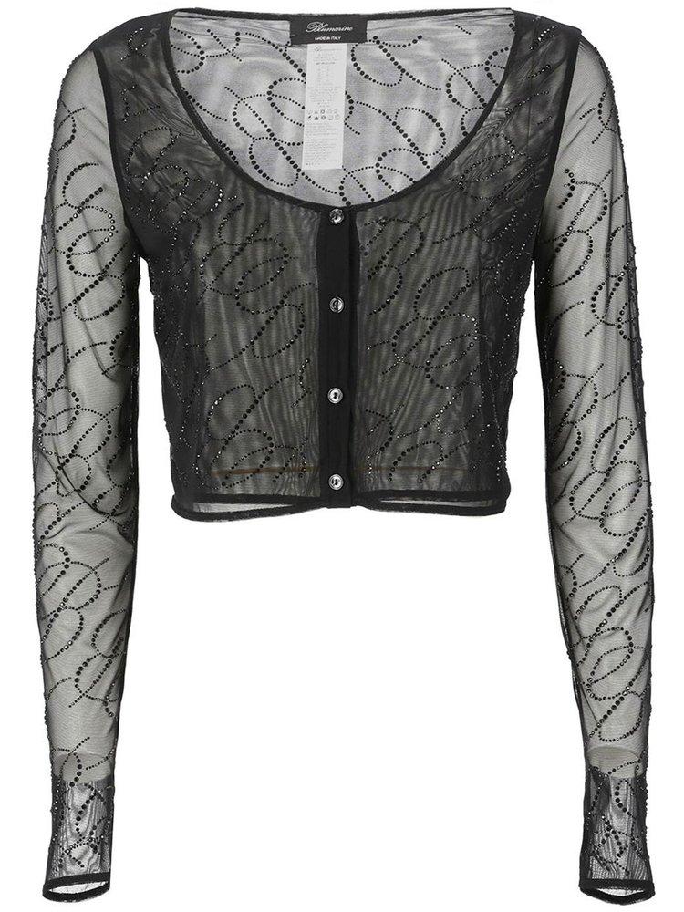 Blumarine Logo Embellished Semi-Sheer Cropped Top