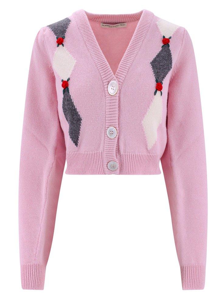 Alessandra Rich Cropped Intarsia-Knit Cardigan