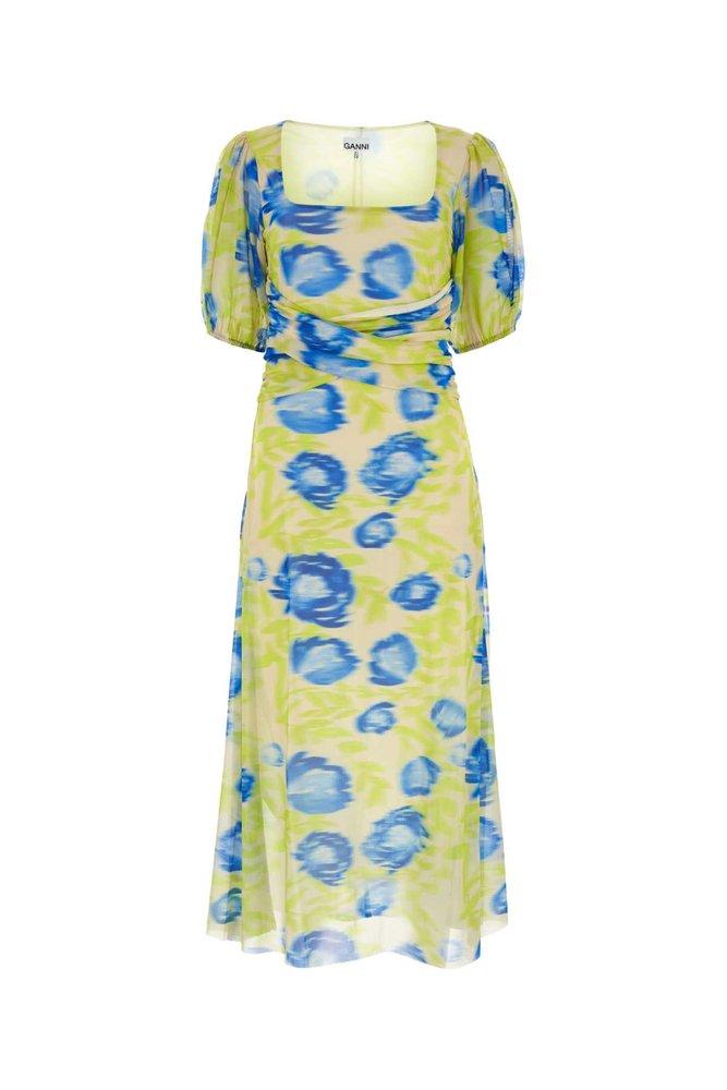 Ganni Printed Mesh Puff Sleeved Midi Dress