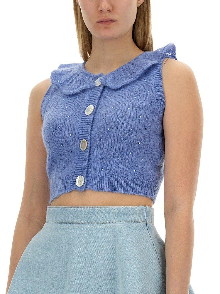 Alessandra Rich Ruffled-Neck Cropped Knitted Sleeveless Top