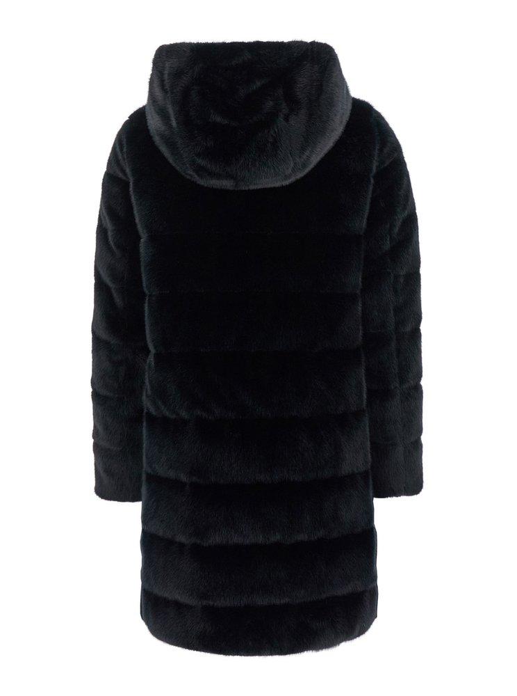 Black Hooded Down Jacket With Zip Closure In Eco Fur Woman