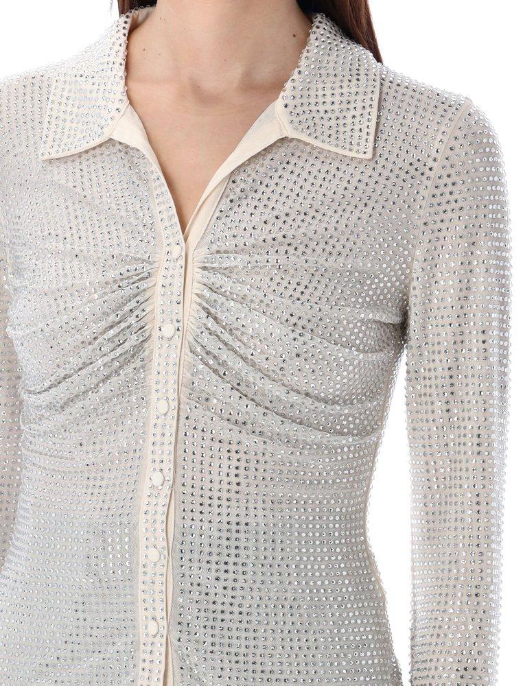 Self-Portrait Gathered Embellished Mesh Shirt