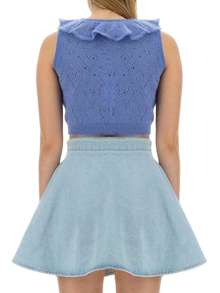 Alessandra Rich Ruffled-Neck Cropped Knitted Sleeveless Top