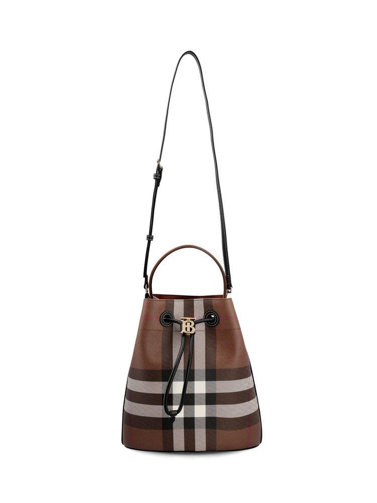 Burberry Logo Plaque Checked Drawstring Shoulder Bag