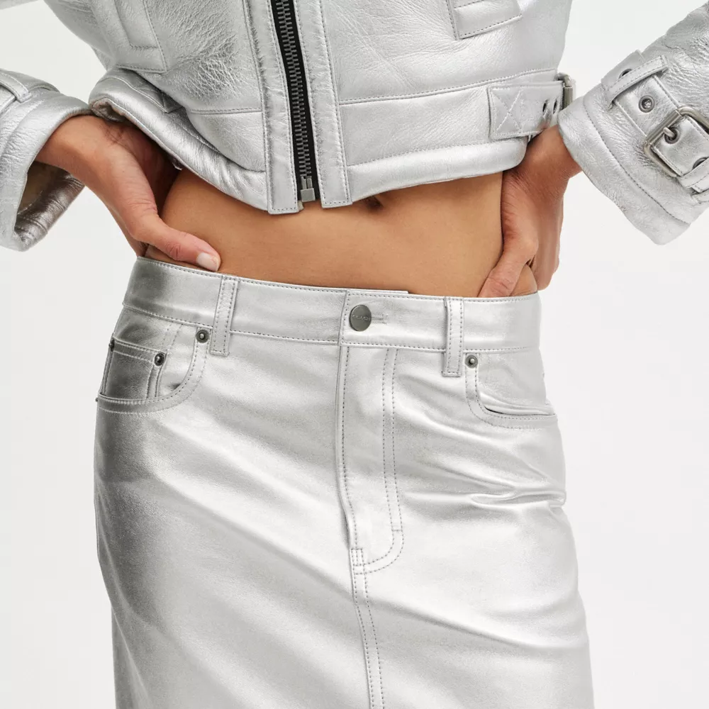 Leather Long Skirt In Silver Metallic