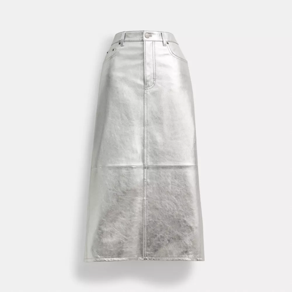 Leather Long Skirt In Silver Metallic