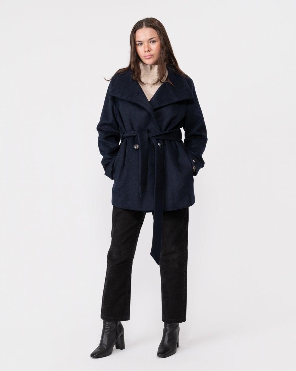 Wool Blend Womens Belted Funnel Jacket