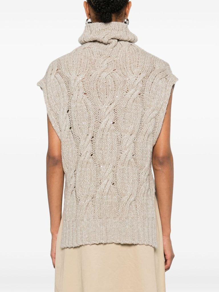 Beige knitted high-neck wool vest