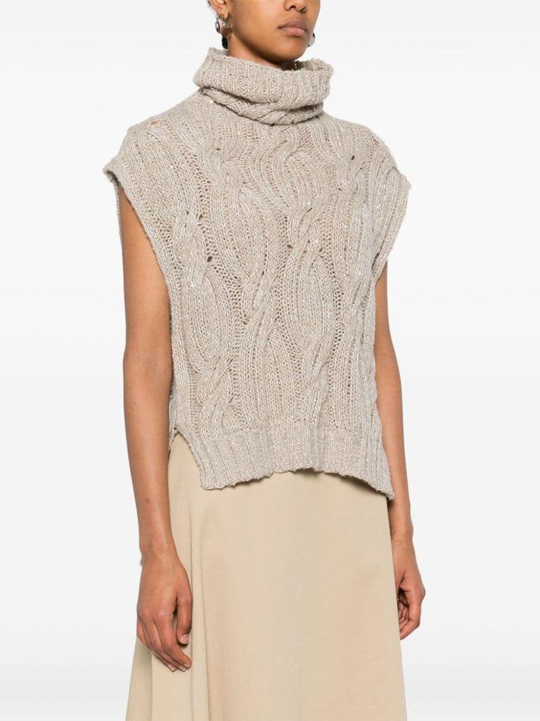 Beige knitted high-neck wool vest