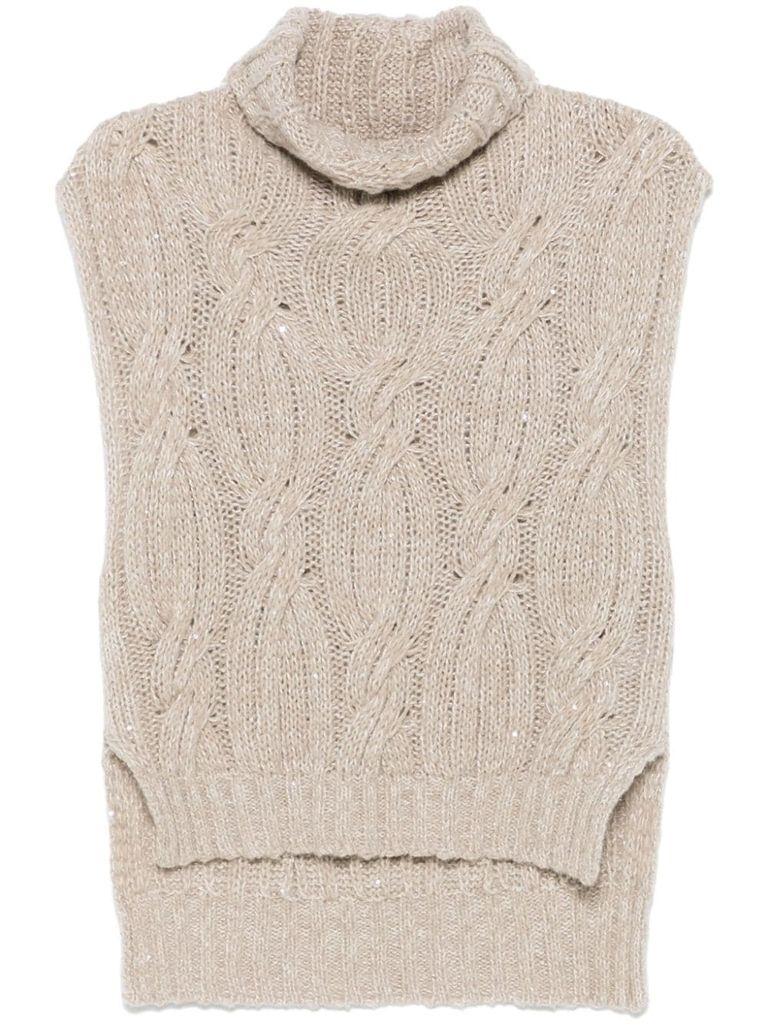 Beige knitted high-neck wool vest