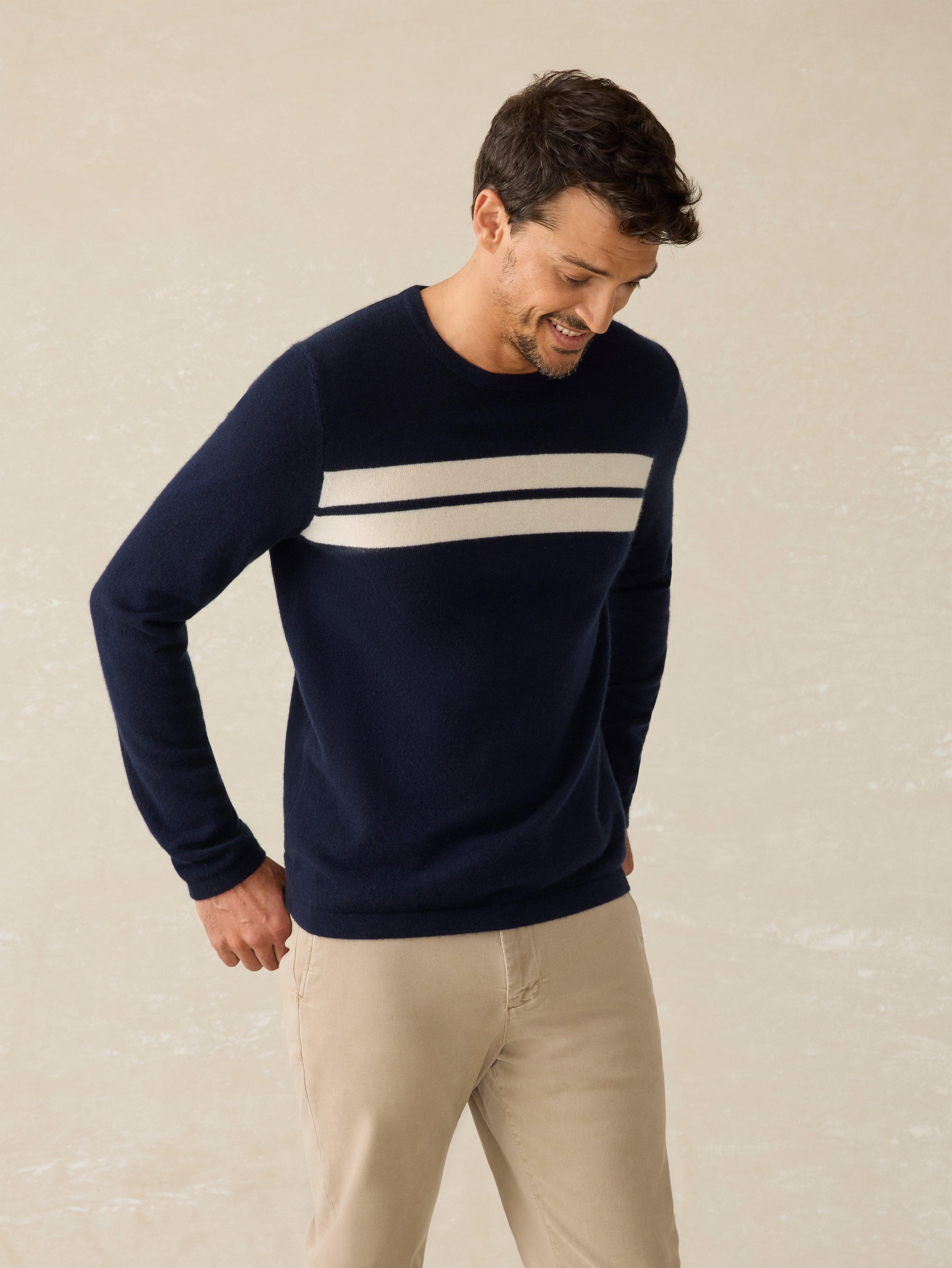 Tropical Cashmere Crewneck Sweater - Navy Night Surf Stripe