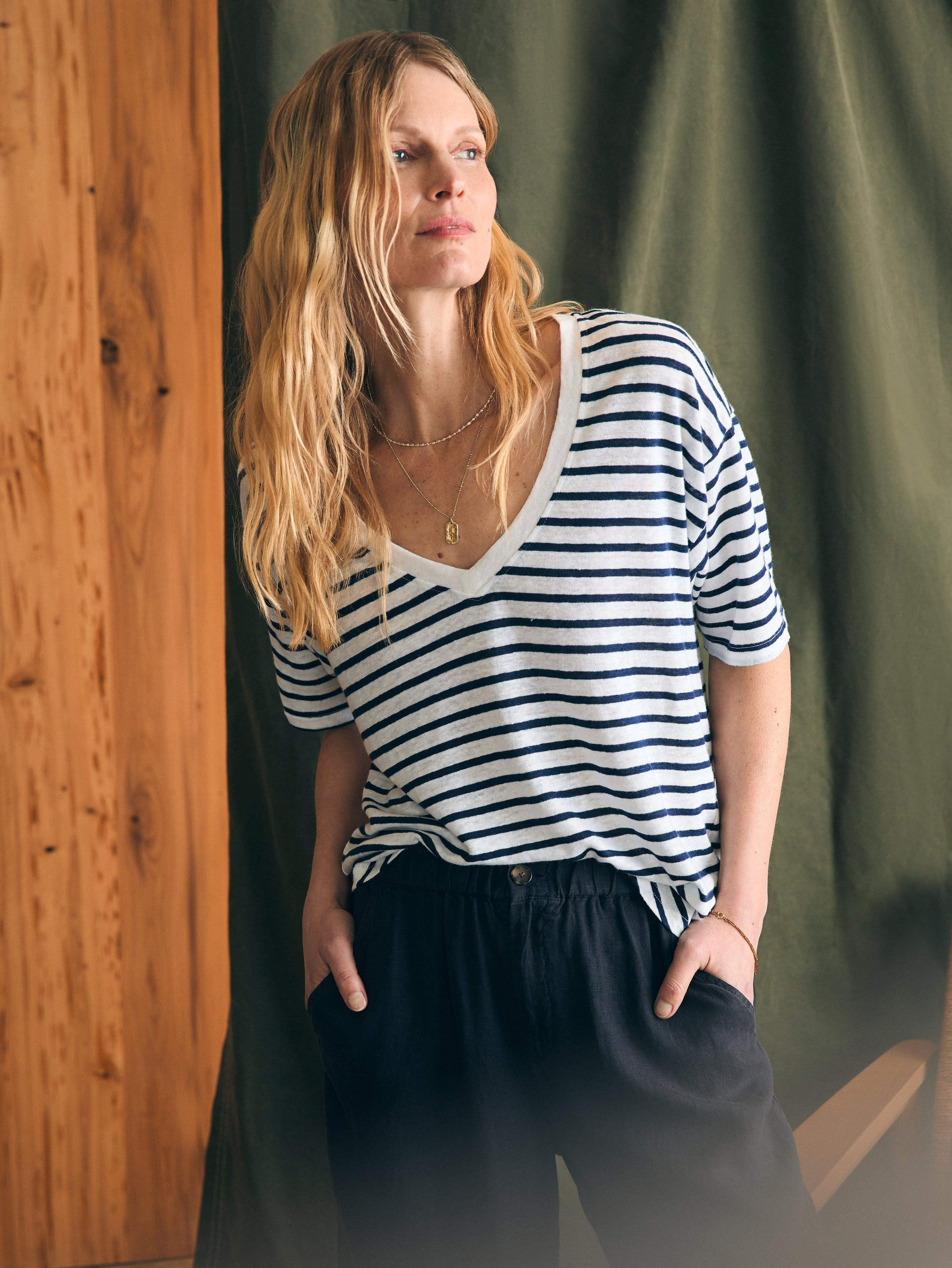 Oceanside Linen V-Neck Tee - Ahoy Stripe