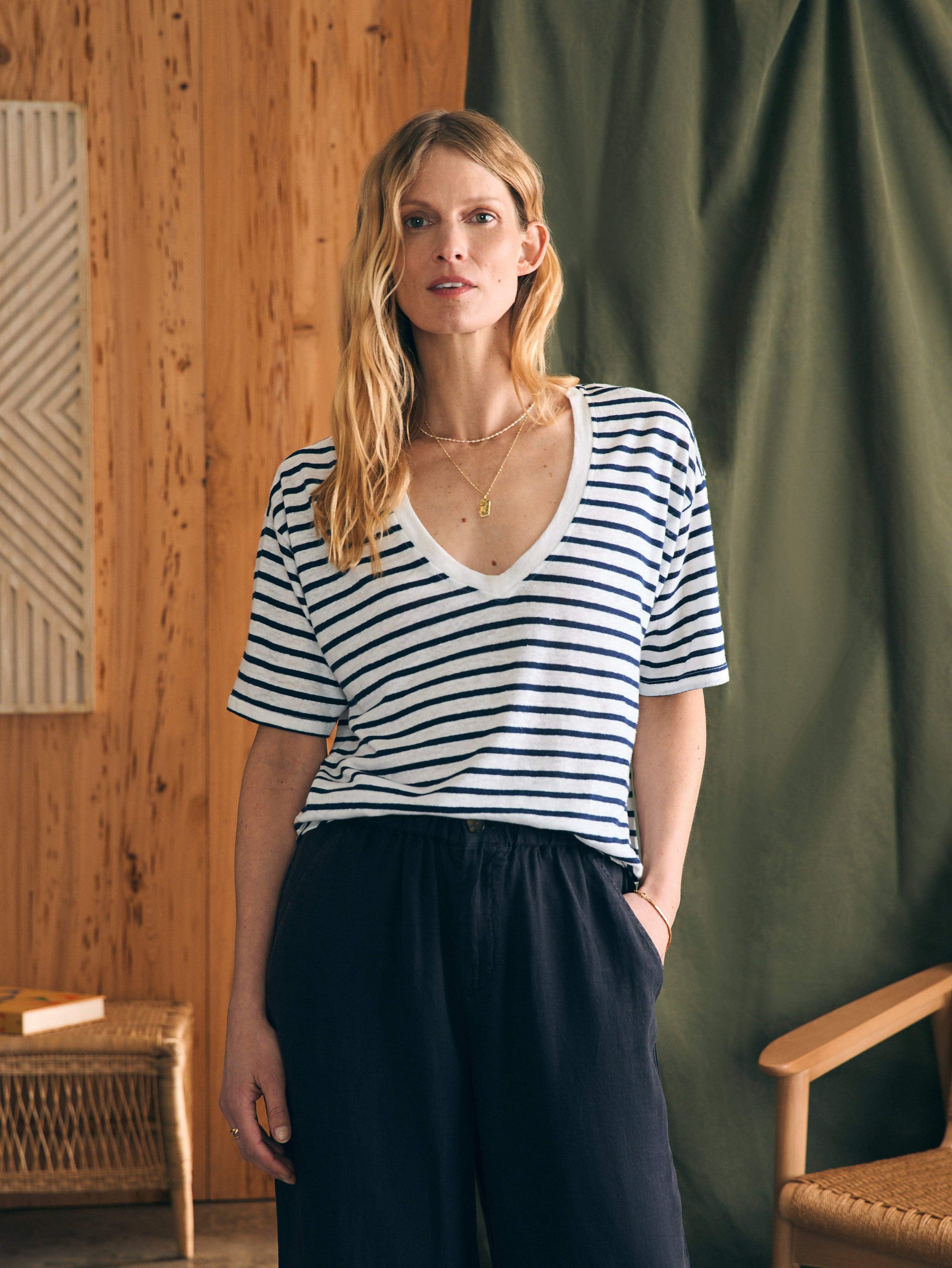 Oceanside Linen V-Neck Tee - Ahoy Stripe