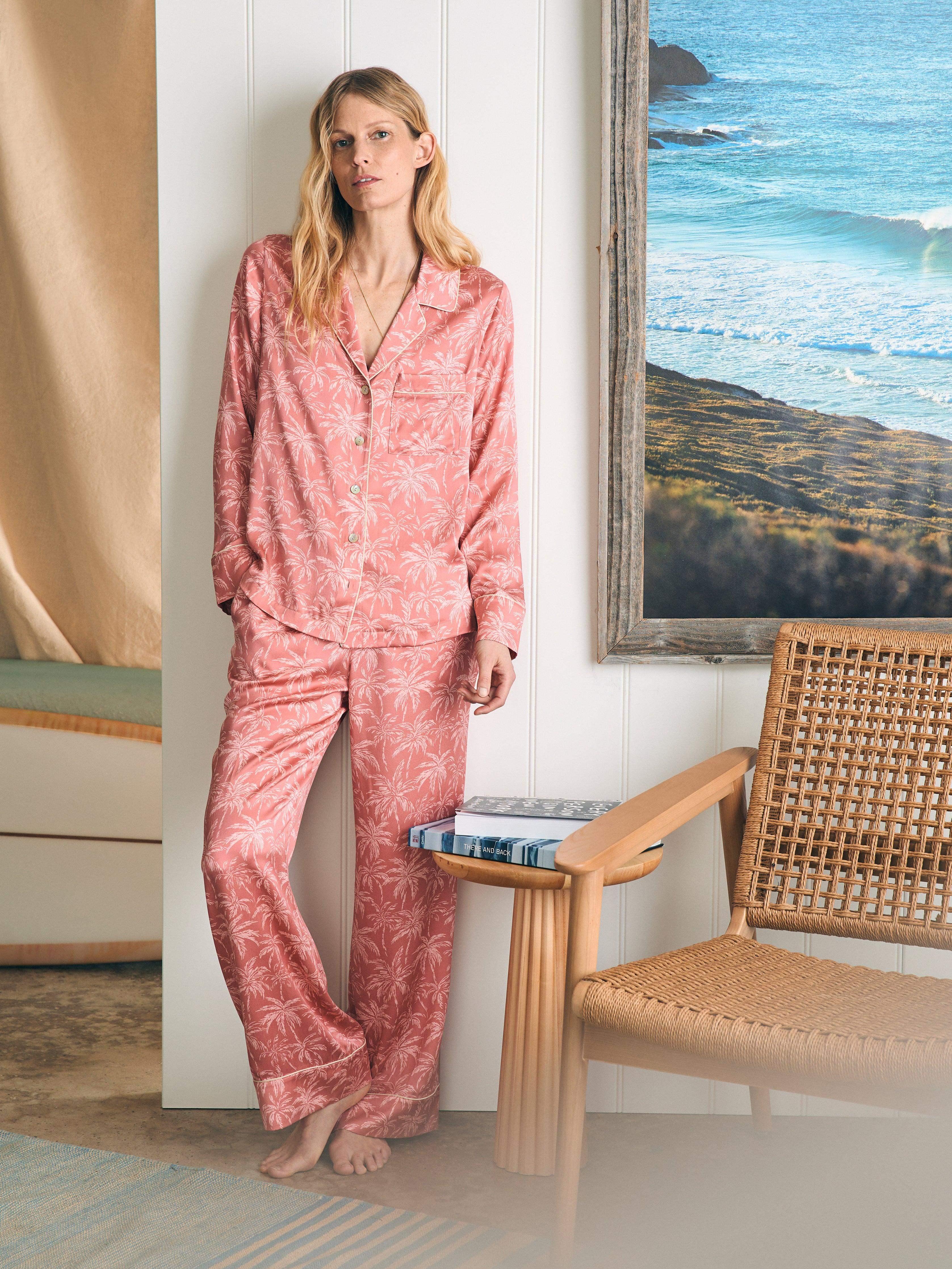 Sandwashed Silk Long Sleeve Pajama Set - Rose Tropic Trees