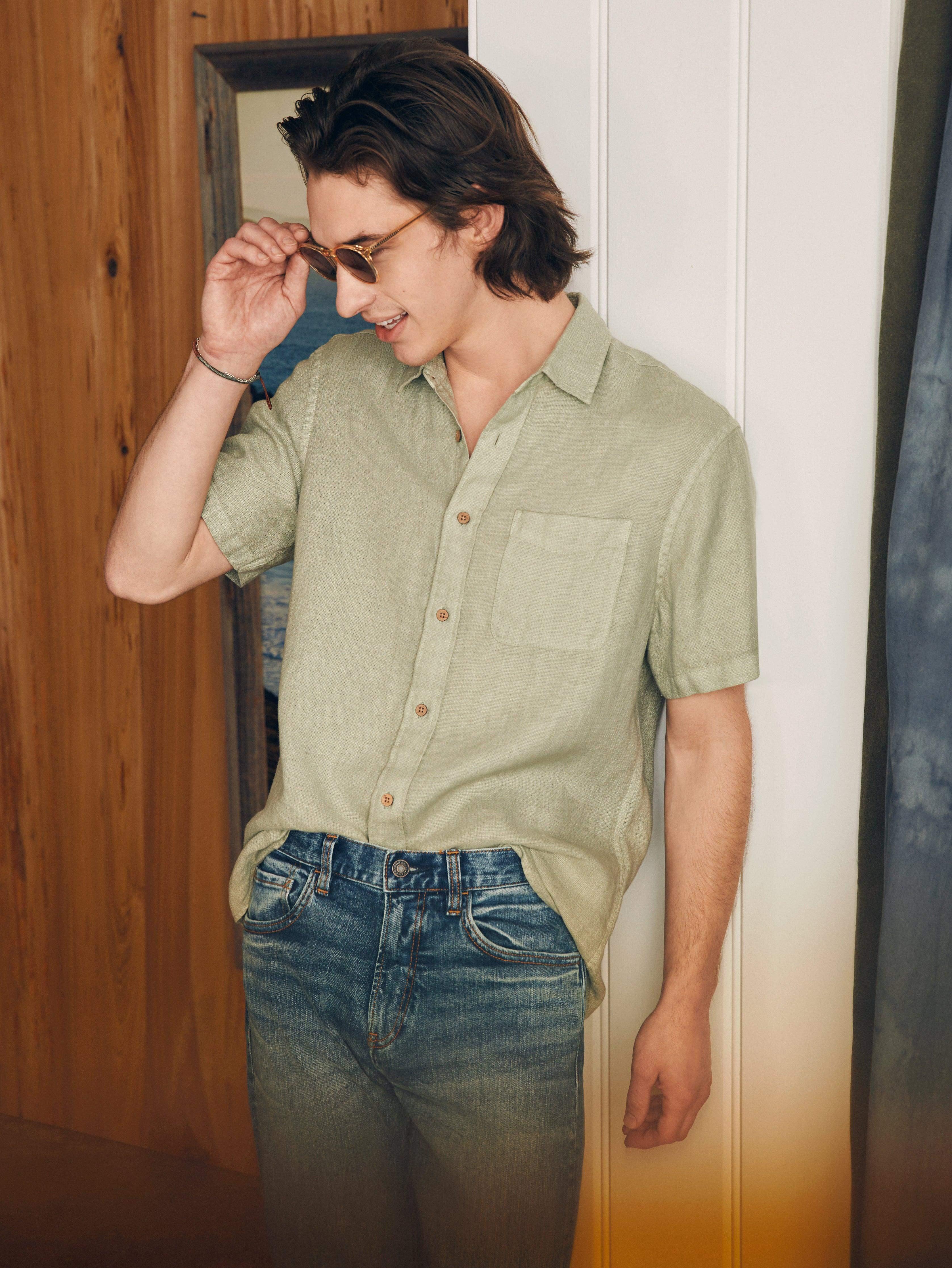 Short-Sleeve Palma Linen Shirt - Canyon Olive Basketweave