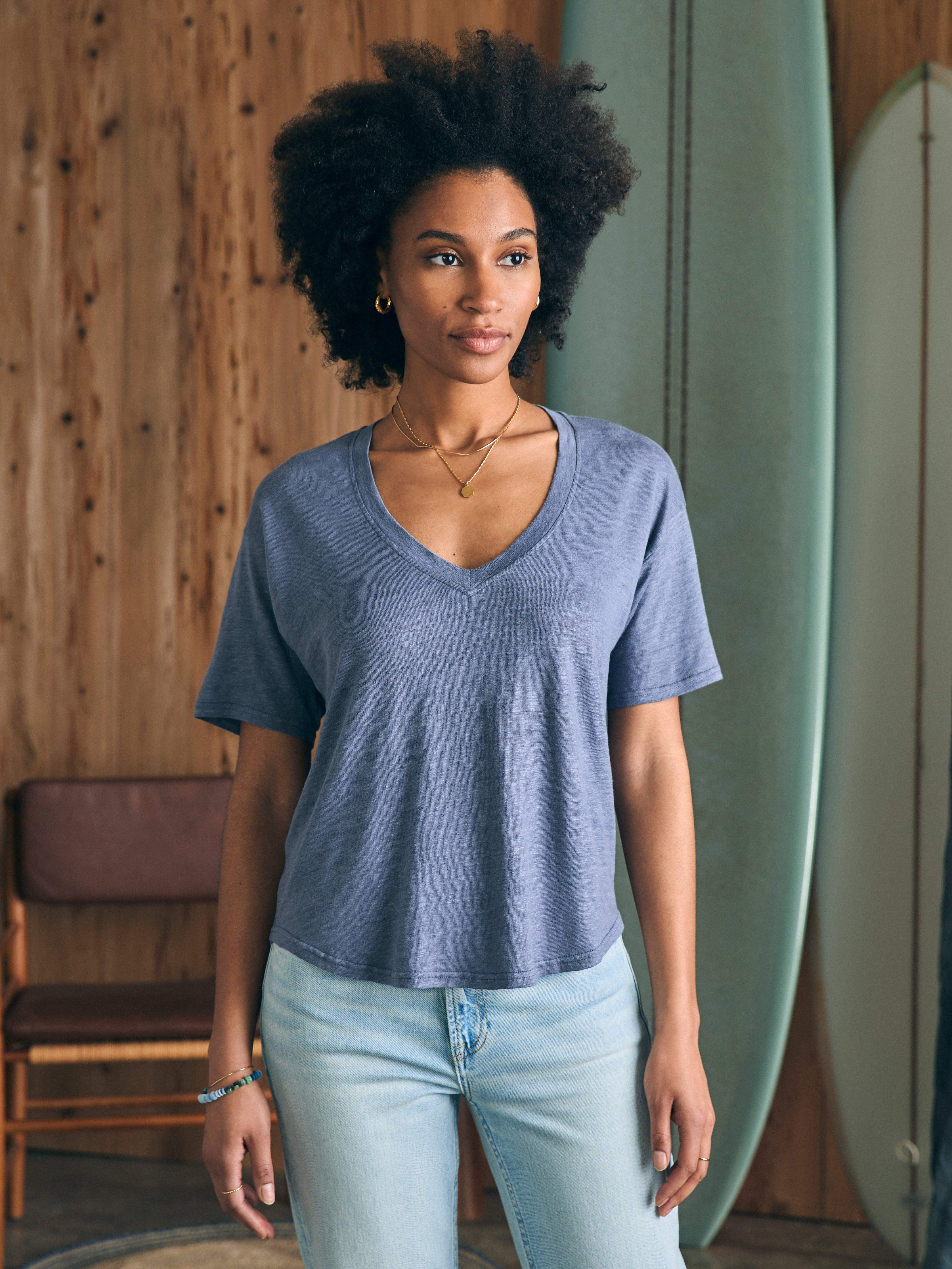 Oceanside Linen V-Neck Tee - Folkstone