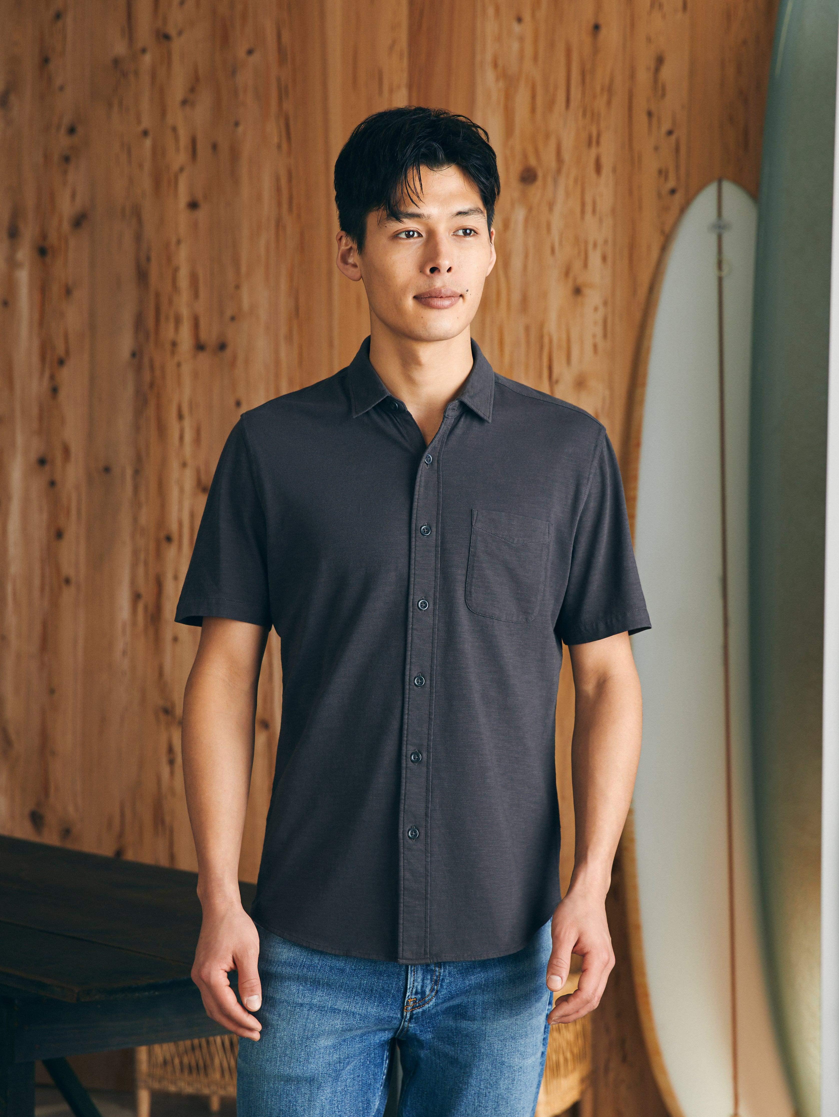 Short-Sleeve Sunwashed Knit Shirt (Single Pocket) - Washed Black