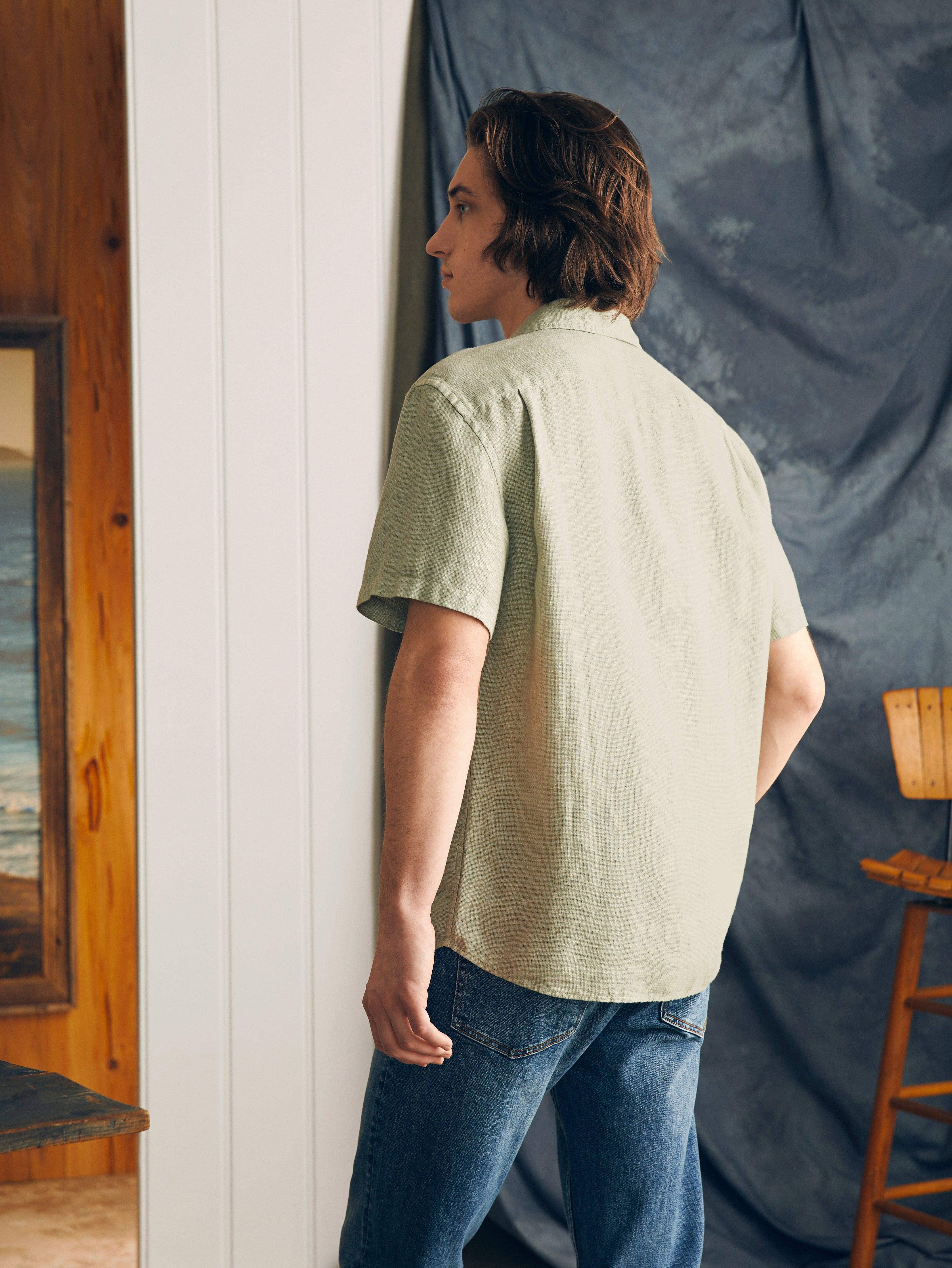 Short-Sleeve Palma Linen Shirt - Canyon Olive Basketweave