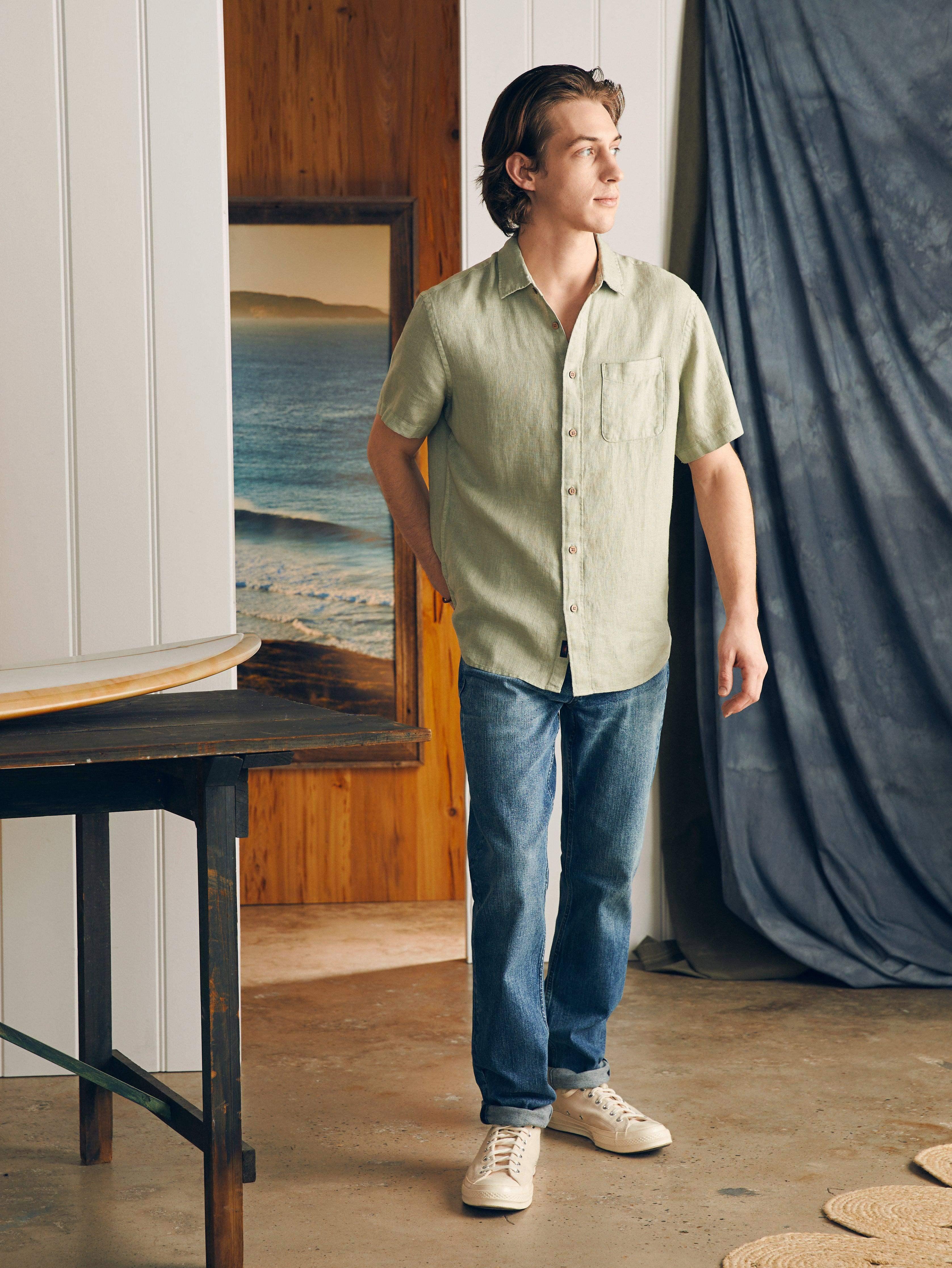 Short-Sleeve Palma Linen Shirt - Canyon Olive Basketweave