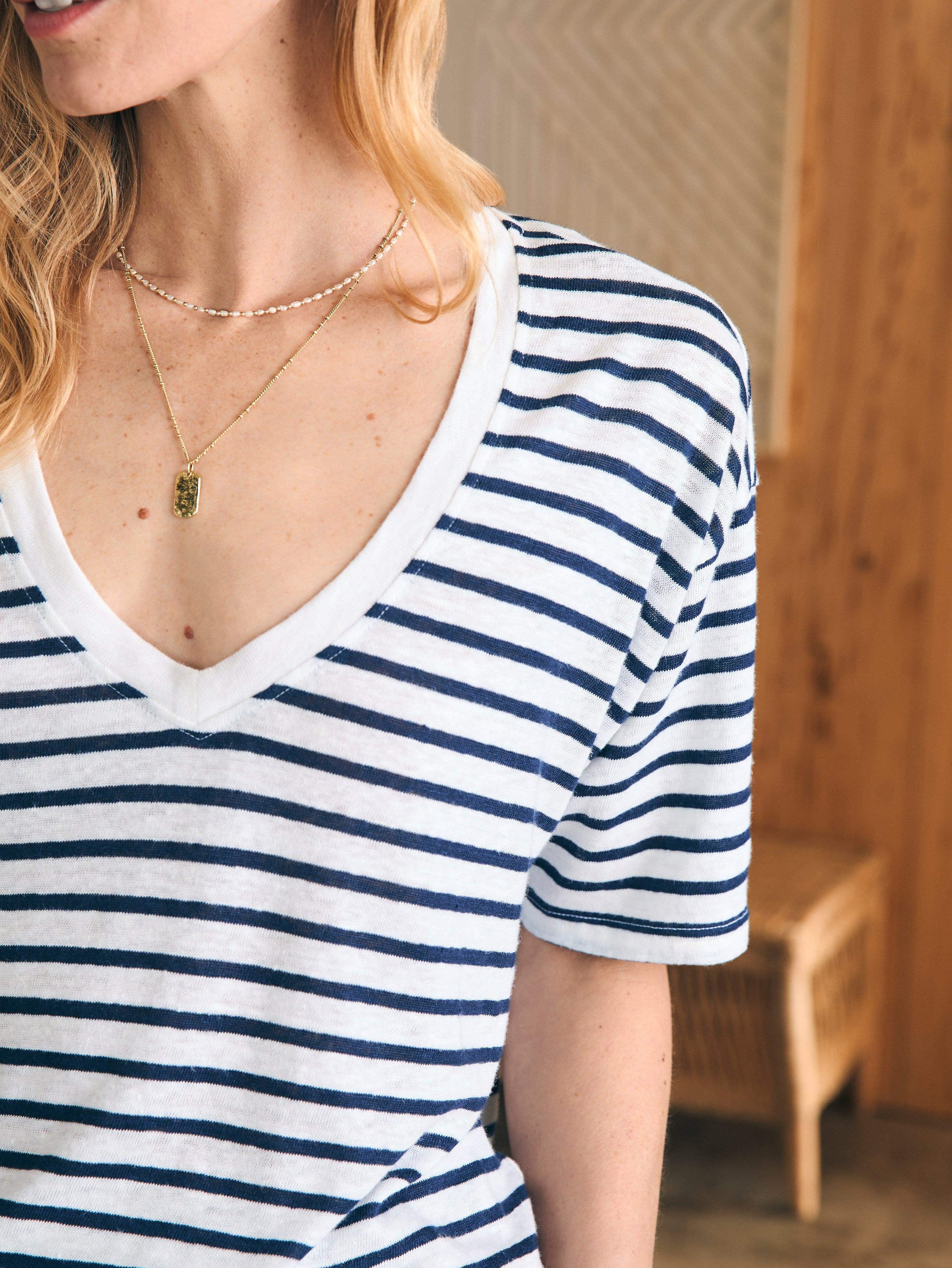 Oceanside Linen V-Neck Tee - Ahoy Stripe