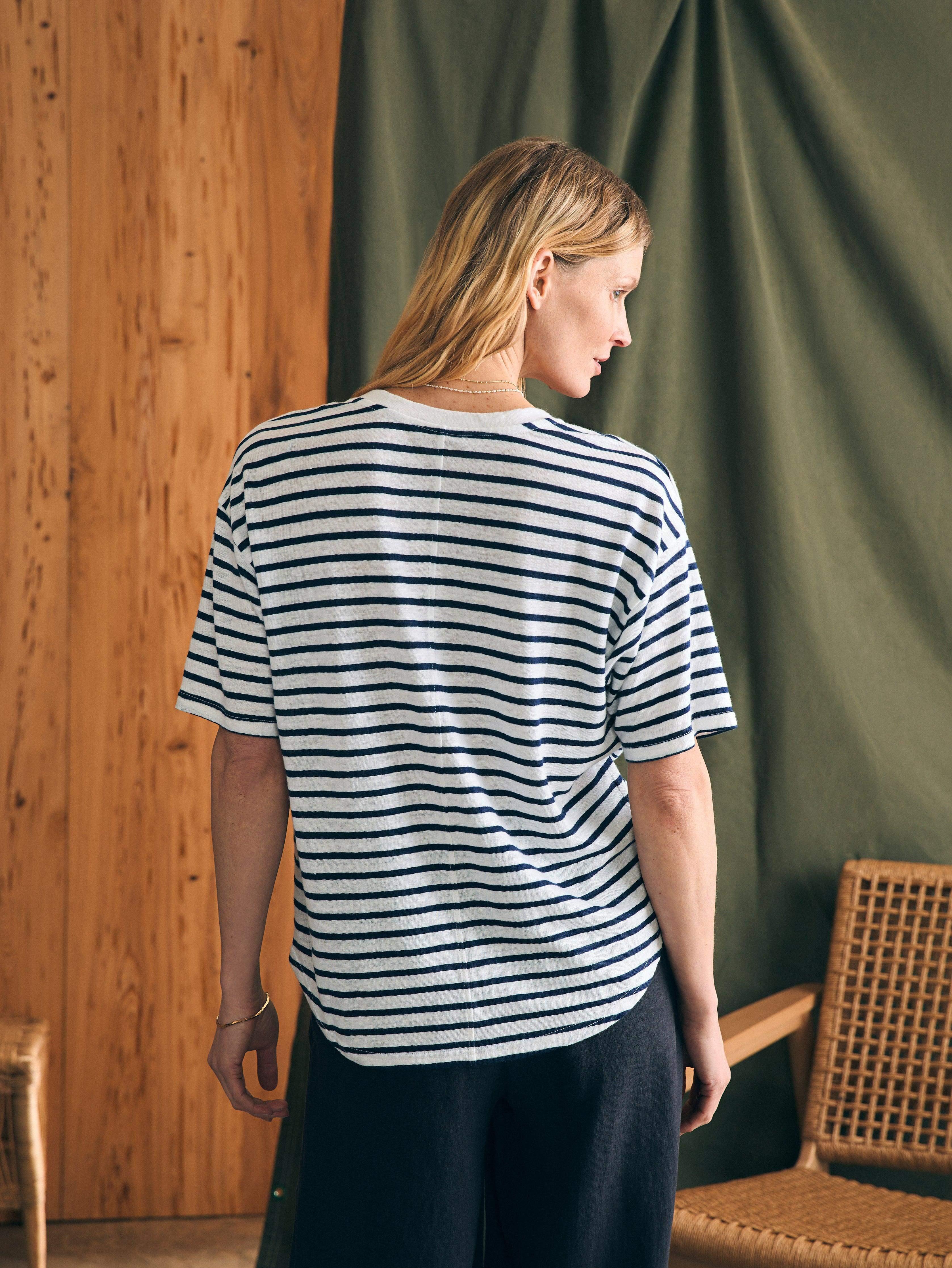 Oceanside Linen V-Neck Tee - Ahoy Stripe