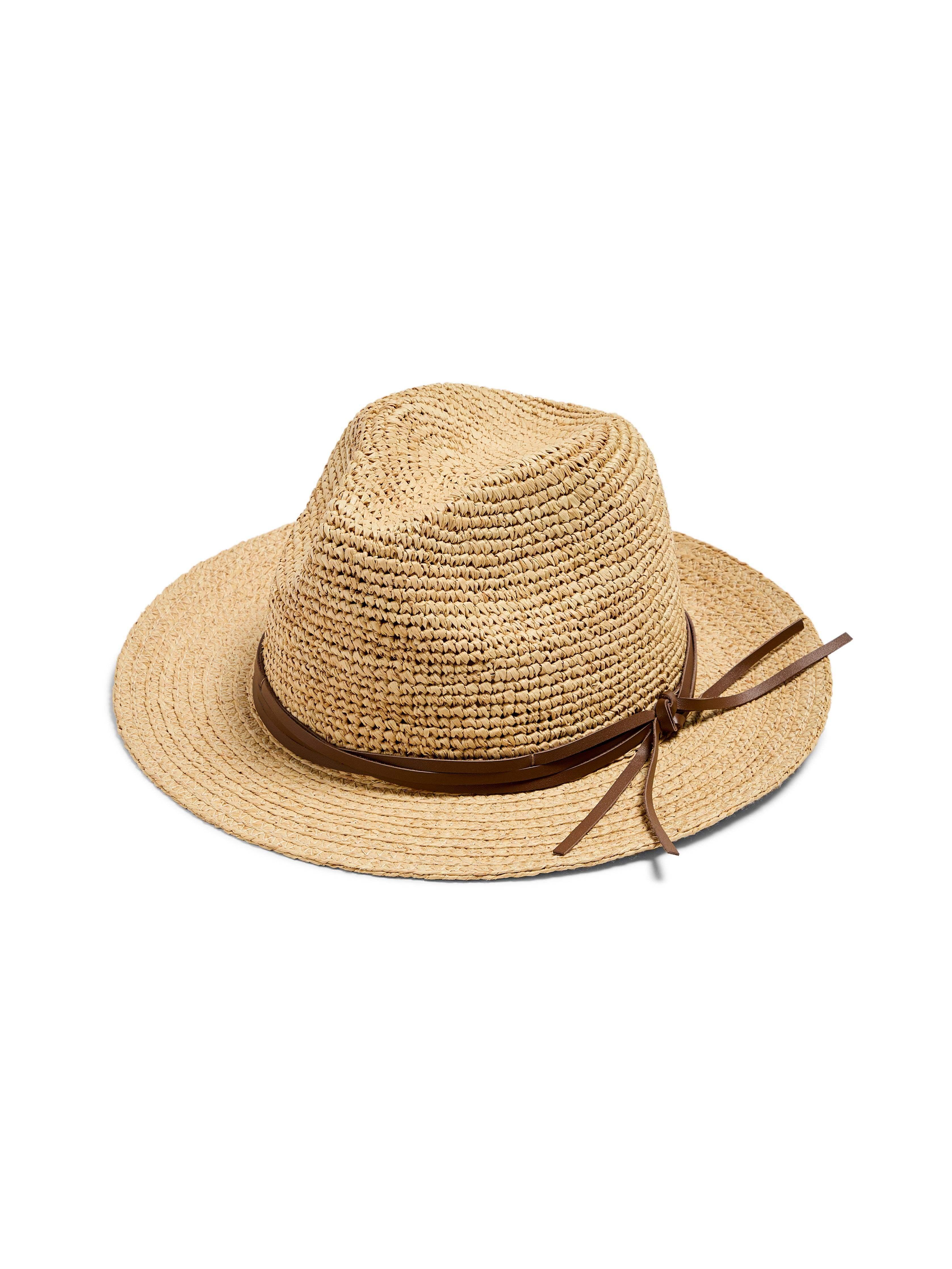 Raffia Trim Crochet Fedora - Natural