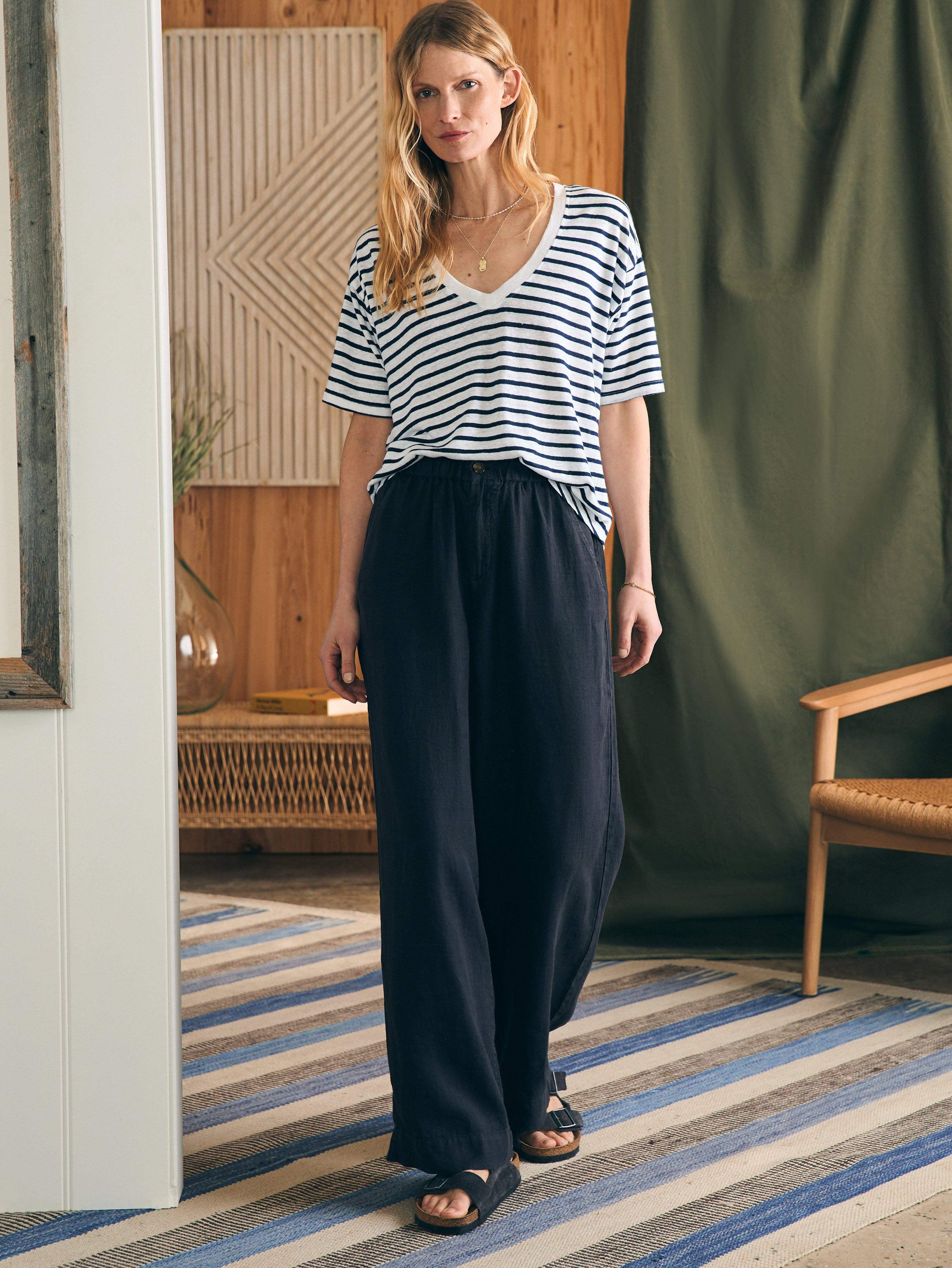 Oceanside Linen V-Neck Tee - Ahoy Stripe