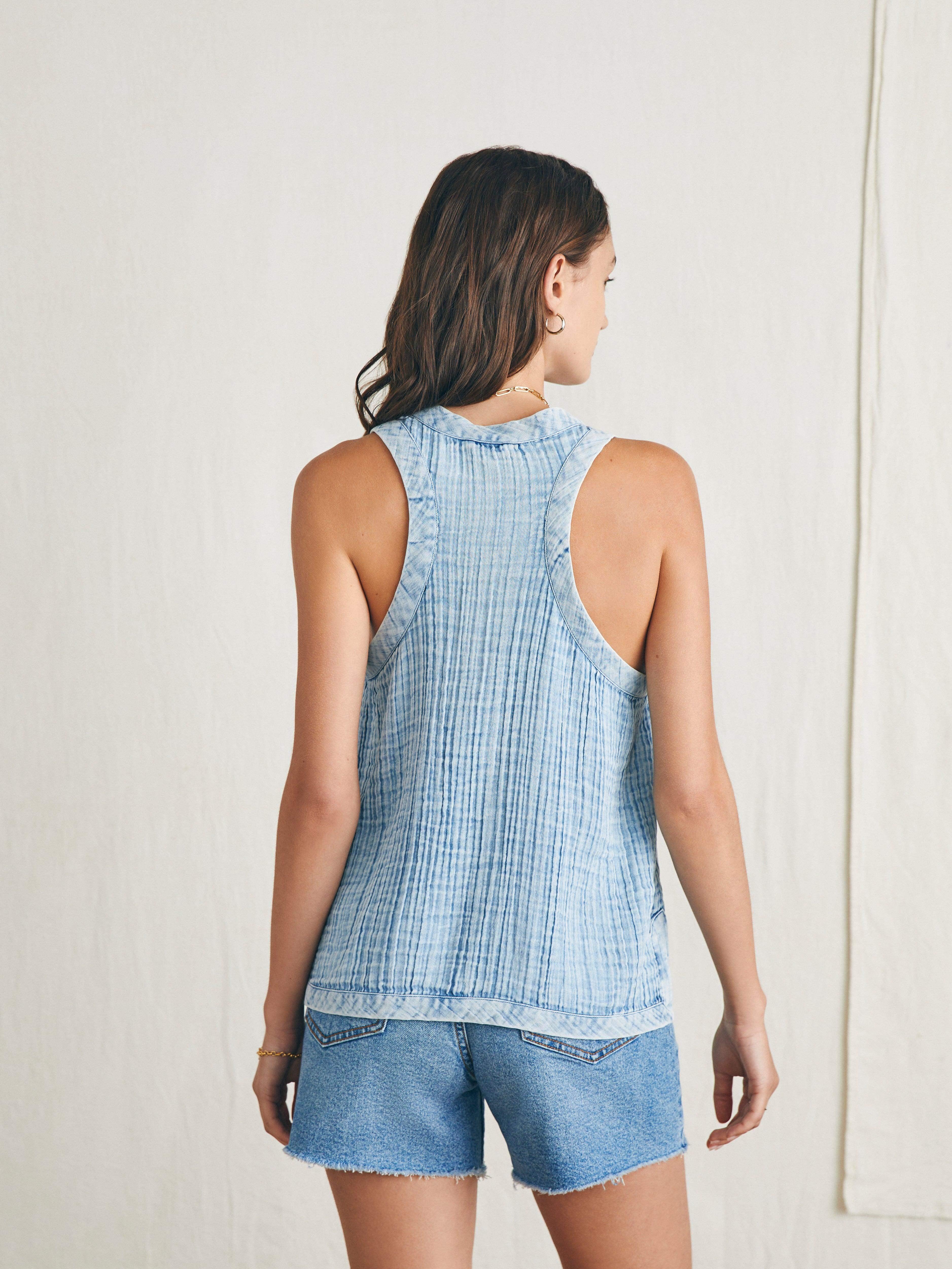 Dream Cotton Gauze Scoop Neck Tank - Light Indigo Wash