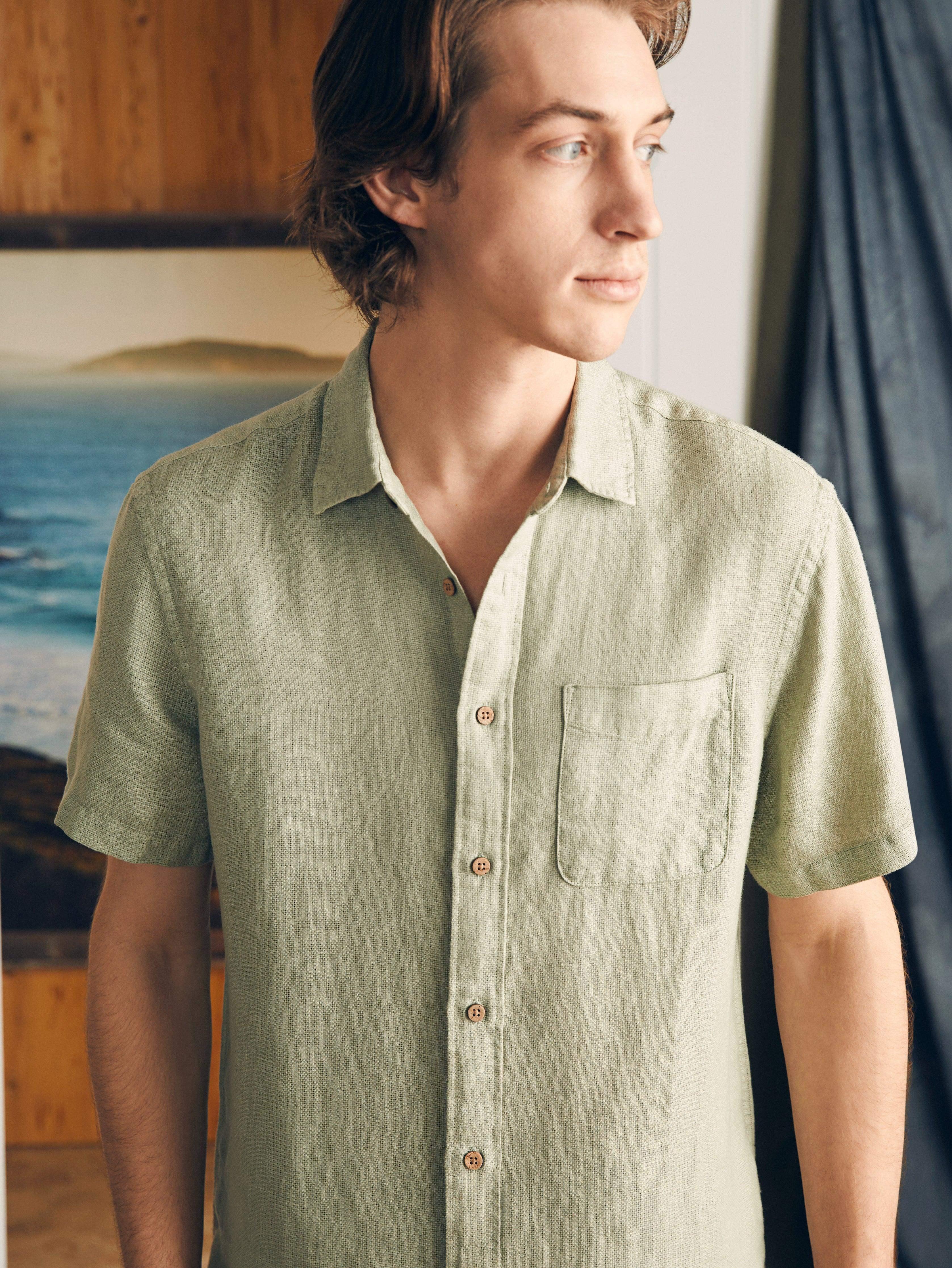 Short-Sleeve Palma Linen Shirt - Canyon Olive Basketweave