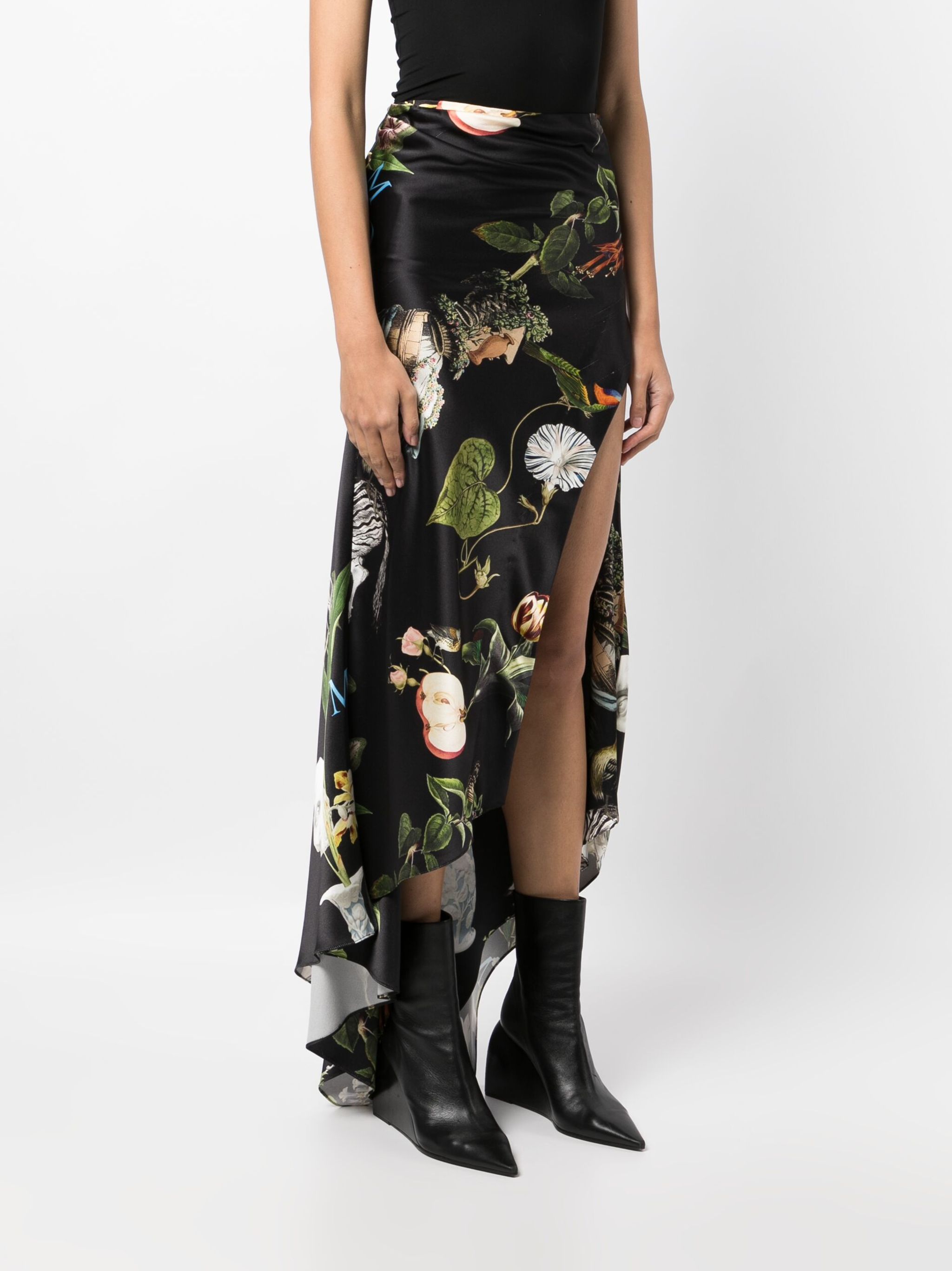 botanical-print satin draped skirt