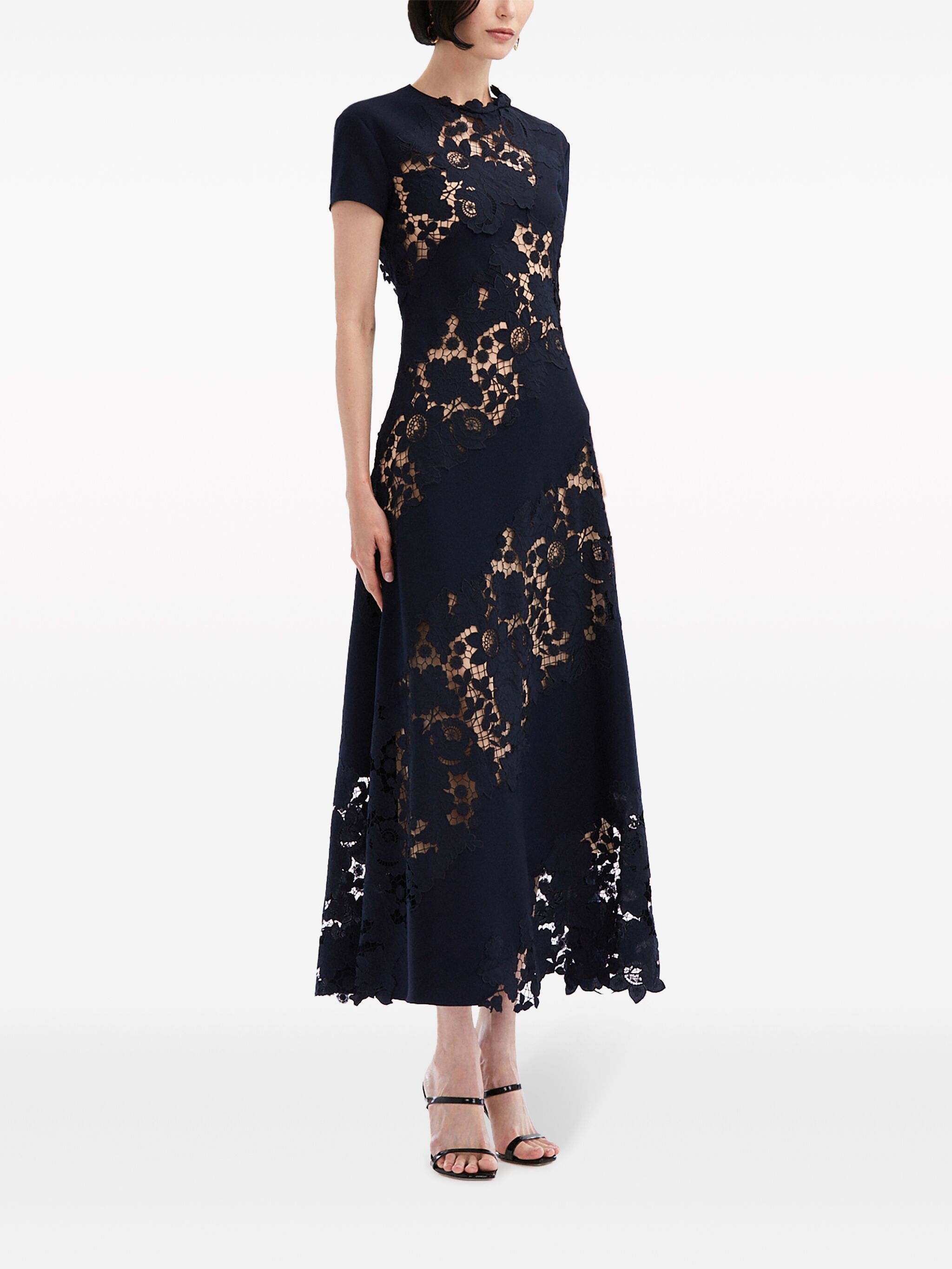 Mixed Botanical guipure-lace midi dress