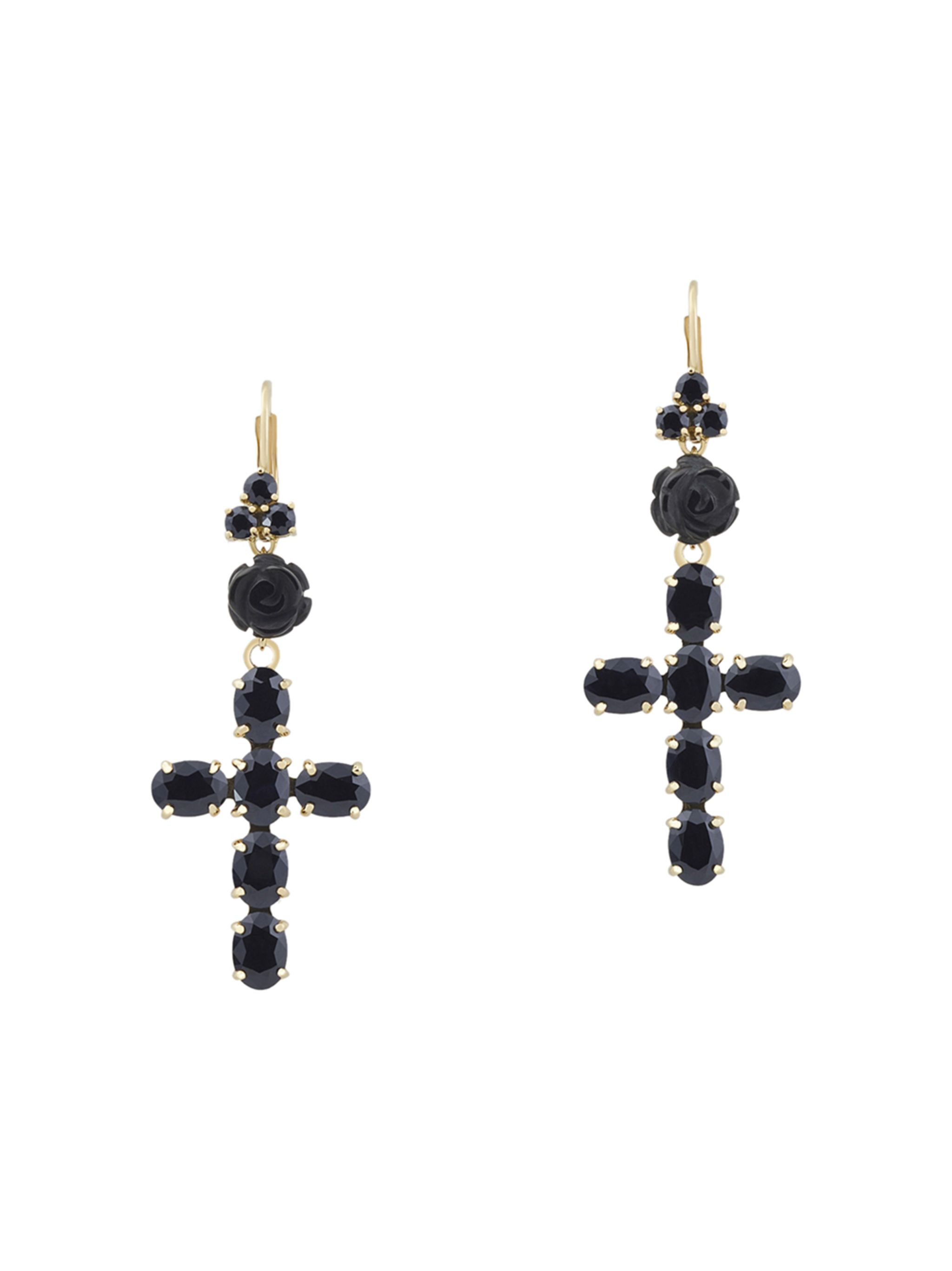 18kt yellow gold Devotion cross black sapphire and jade earrings