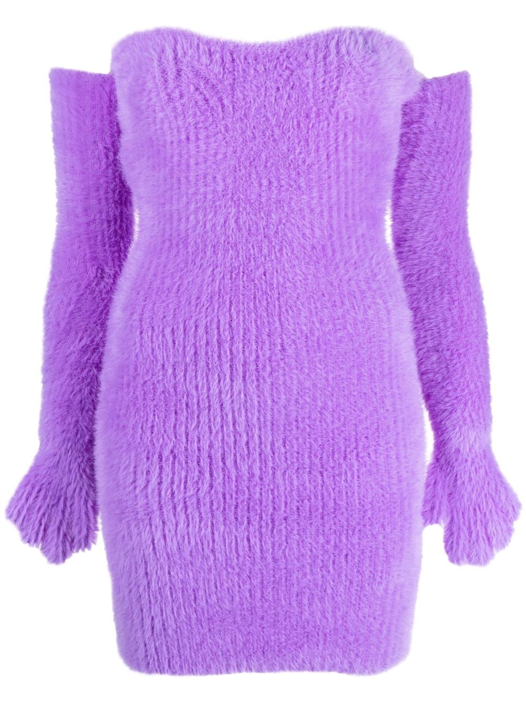 Fuzzy Gloves off-shoulder minidress