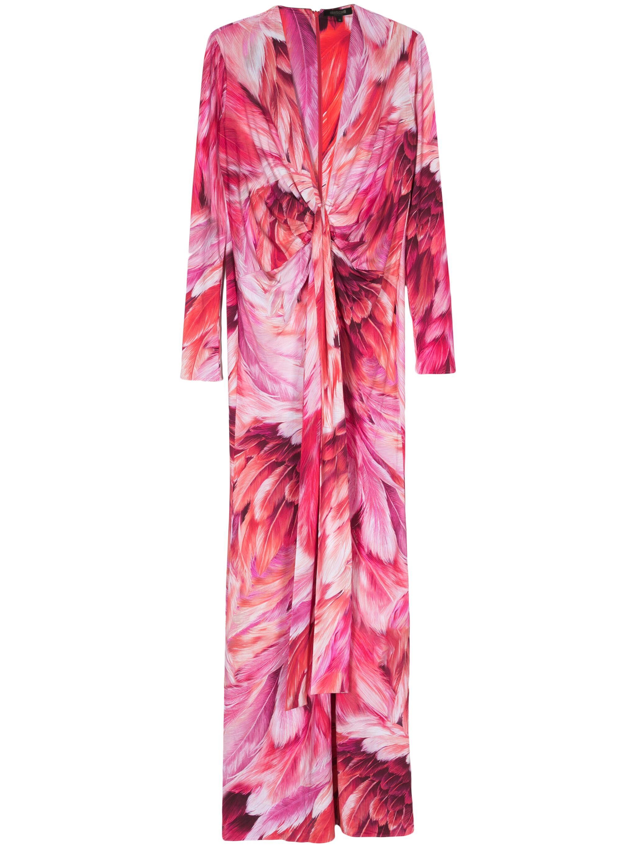 feather-print ruched maxi dress