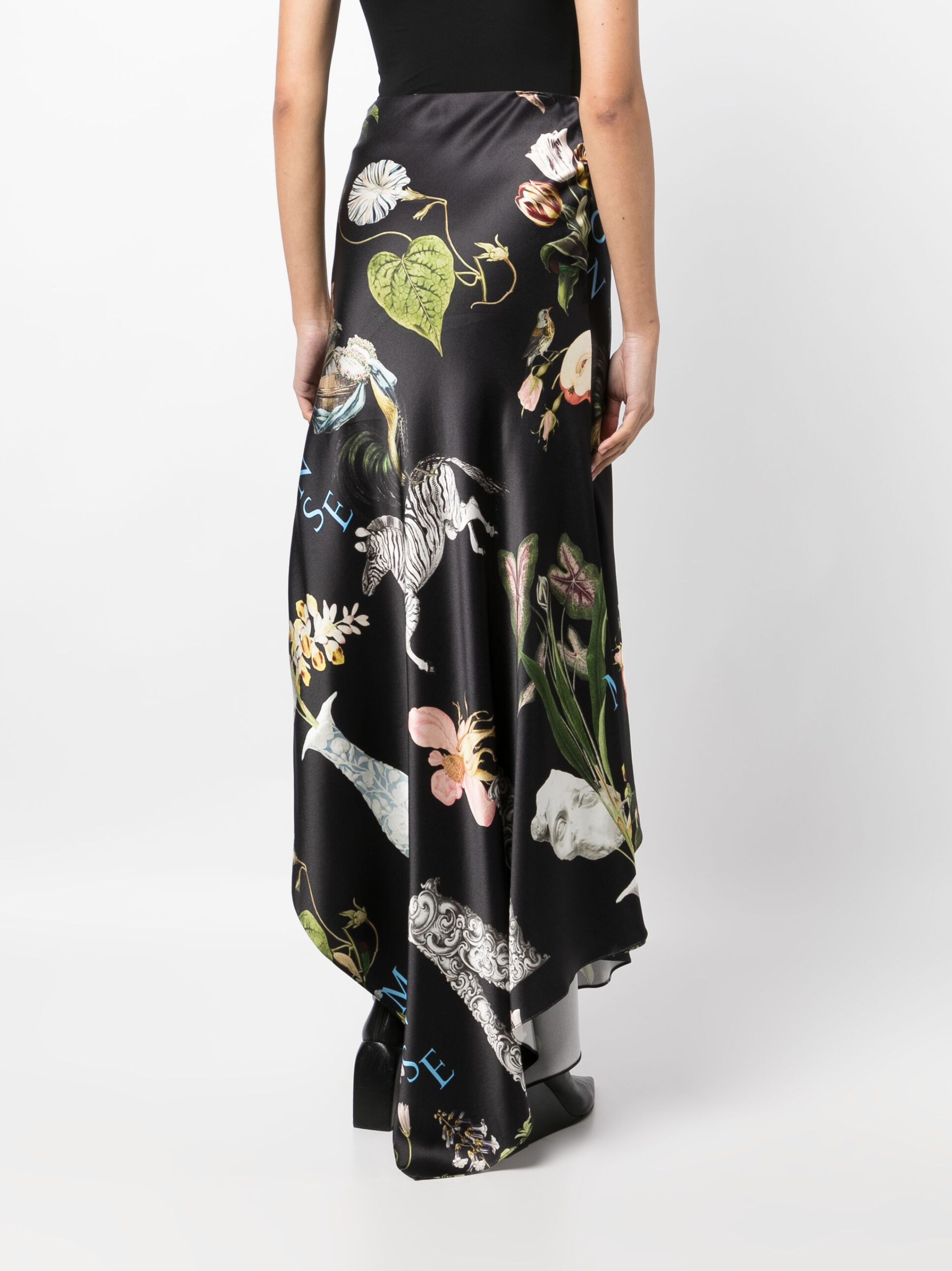 botanical-print satin draped skirt