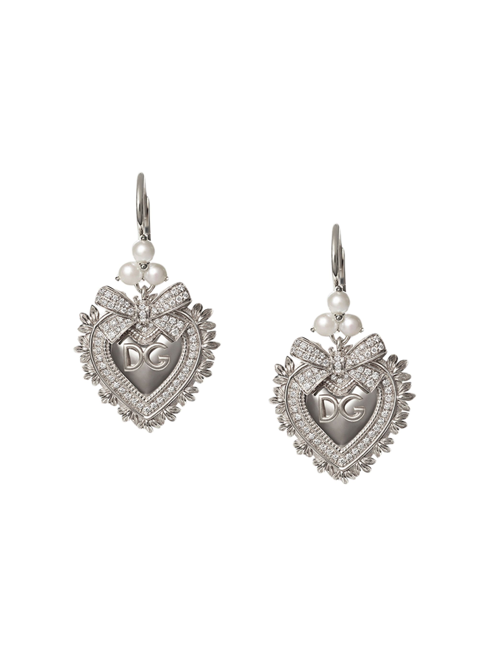 18kt white gold Devotion diamond and pearl sacred heart earrings