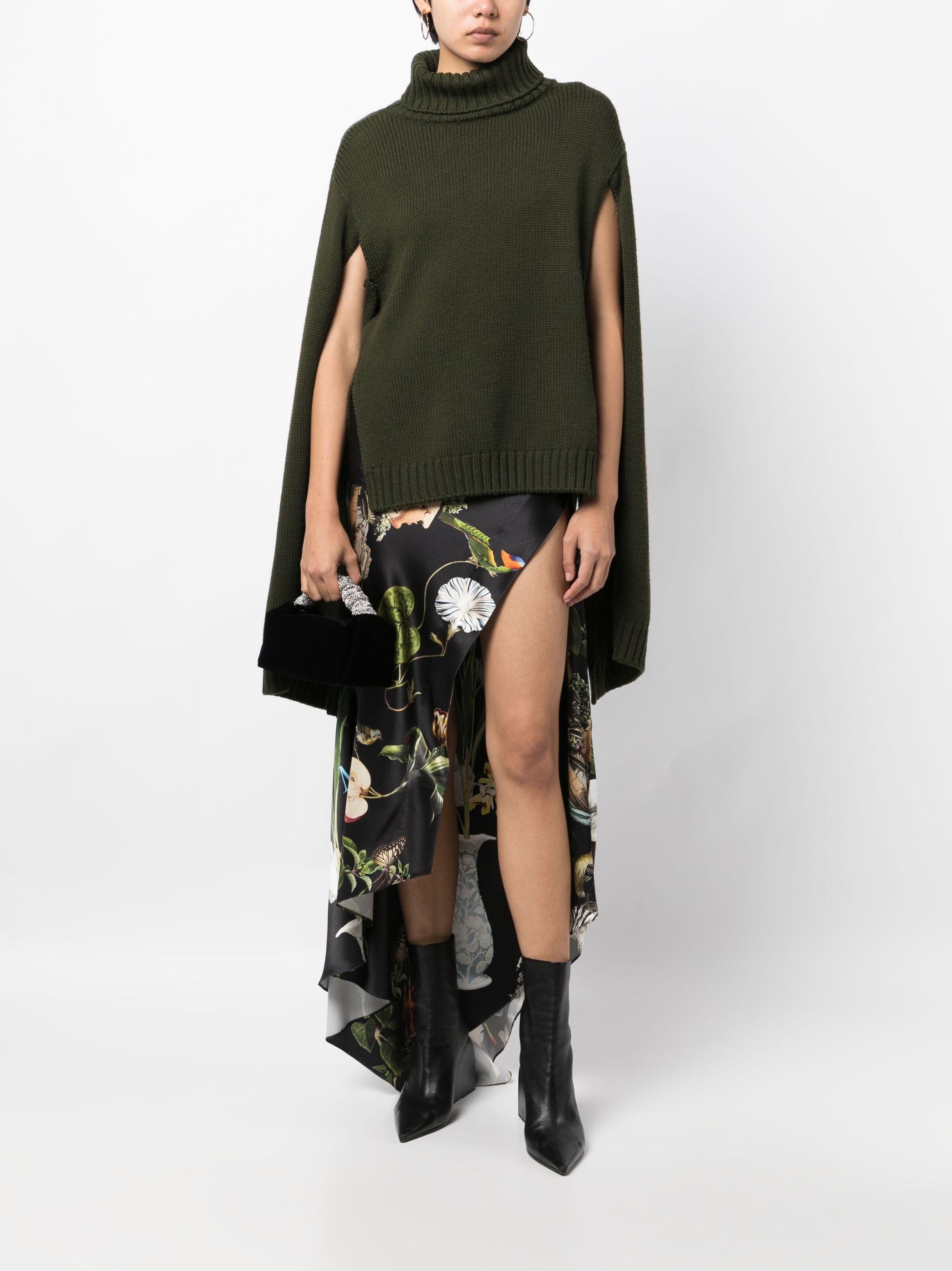 botanical-print satin draped skirt