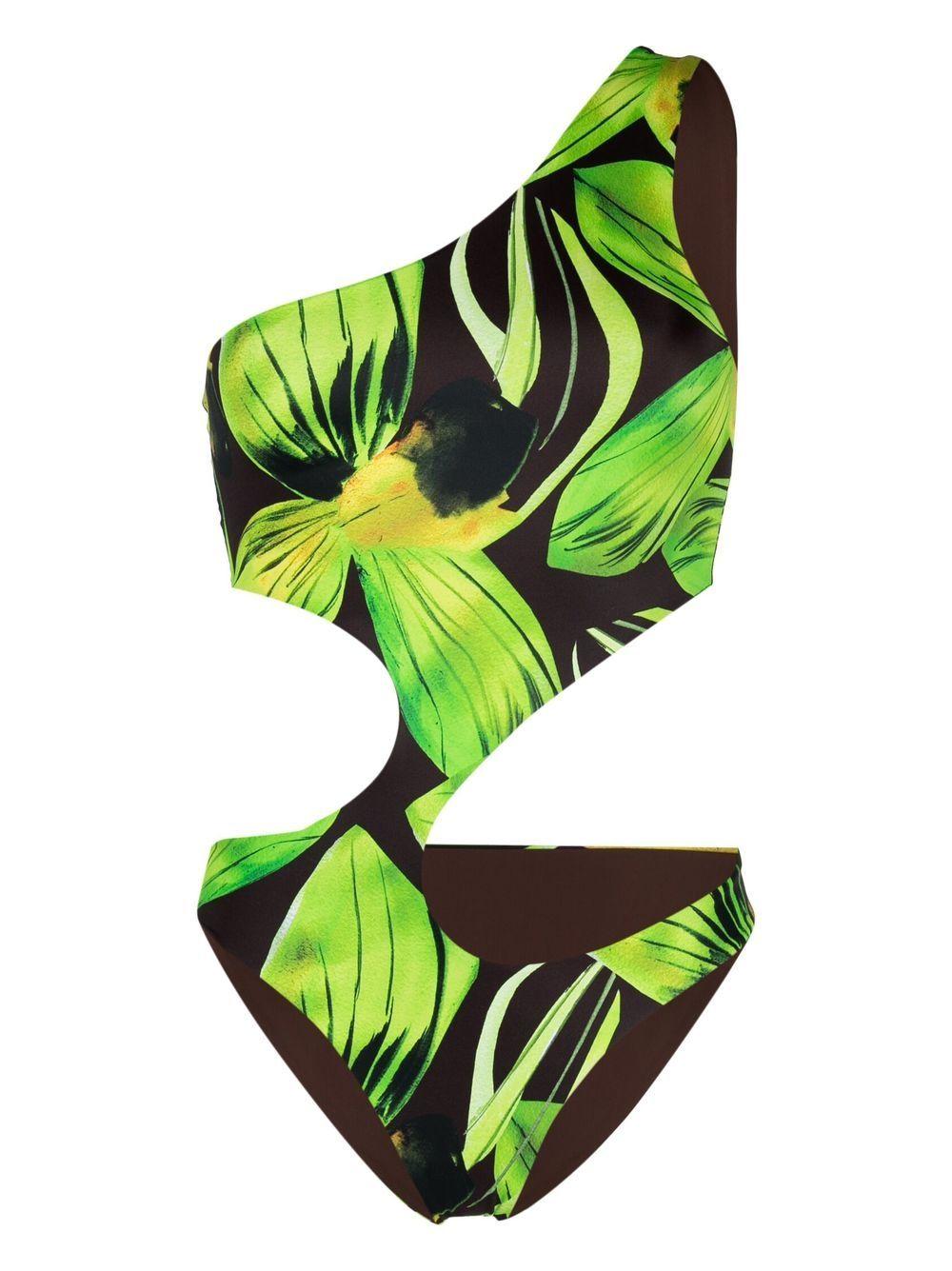 leaf-print one shoulder swimsuit