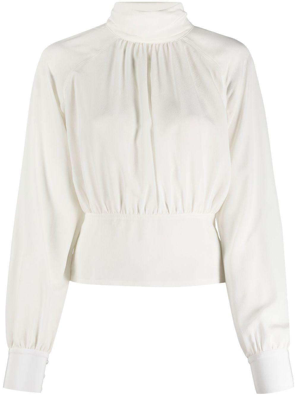 mock-neck silk blouse