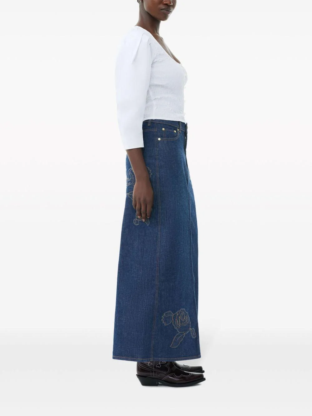 Rose denim maxi skirt