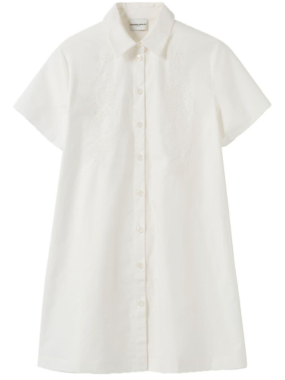 Flower-embroidered relaxed-fit cotton shirt dress