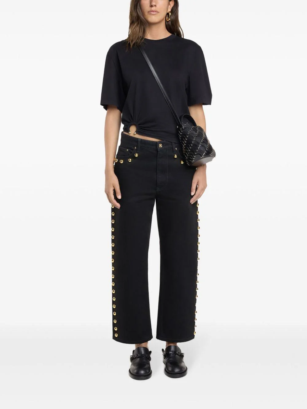 wide-leg jeans with stud embelishment