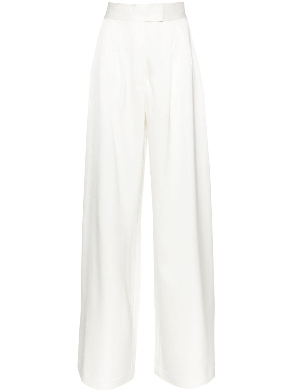 White Pleat-Detail Wide-Leg Satin Trousers