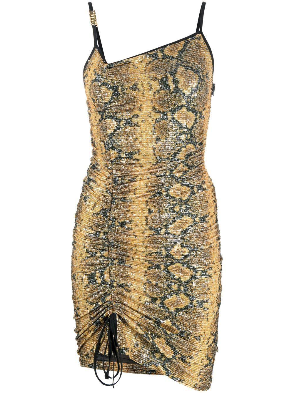 snakeskin print gathered mini dress